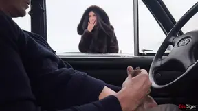 Girl jerks off and sucks my dick through car window in parking lot