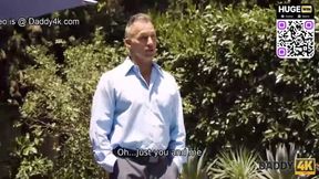 Blonde doll gives athletic stepdad a oral job and vulva licking on patio