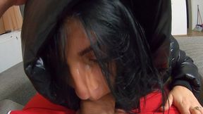 cum play on my new long black shiny and puffy jacket so my impotent husband can lick