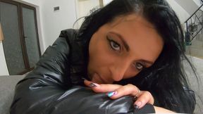 cum play on my new long black shiny and puffy jacket so my impotent husband can lick