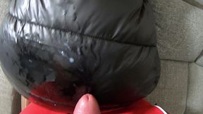 cum play on my new long black shiny and puffy jacket so my impotent husband can lick