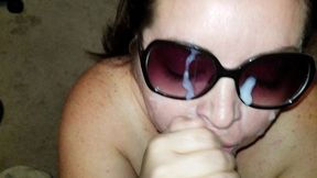 sexy bbw sucks in sunglasses and gets cum covered