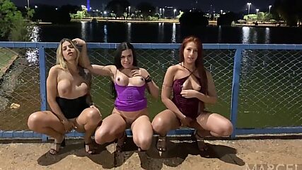 Three filthy sluts getting mouth-fucked in the park, my dripping wet pussy ready for a hard pounding
