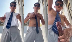 After Class Sneaky Asian Boy Destroys His Big Cock Alone