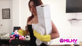 Latina beauty cleans my place and gives me a wild ride