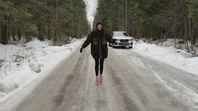 flip flops on ice, red flip flops on ice, sandals on ice, girl sliding on ice
