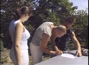 Outdoor fuck and strapon for a bisexual threesome