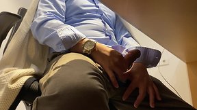 Professional man masturbates in office while customers discuss products