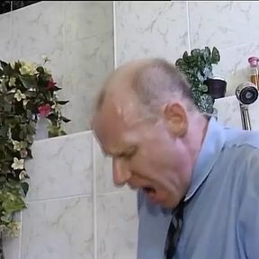 Dark haired German slut gets destroyed by two hard cock in the bathroom