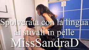 Spolverata con la lingua ai stivali in pelle