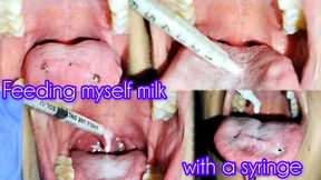 Feeding myself milk with a syringe - Close-Up - Uvula Fetish