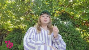 Smoking in the Garden with big poncho with Coughing and Nose Blowing