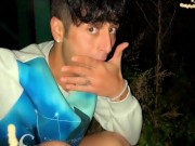 Teen is pushing out cum of his ass and tasting anal creampie outdoor