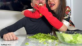 Red Gloved Mistress Hard Keeps Stuffing His Mouth with Lettuce