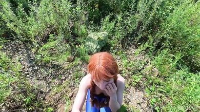 Tiny redhead in tight blue leggings lures me into the forest for risky outdoor blowjob and creampie