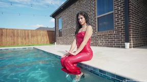Carla Gets Her Red Satin Dress Shiny and Clingy