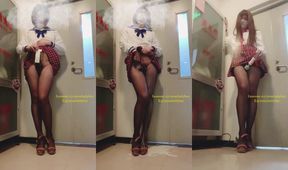 Chinese ladyboy milking creamy stockings in office corridor