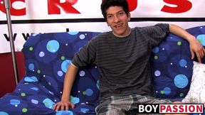 Interviewed young twink jerks off his big dick and cums