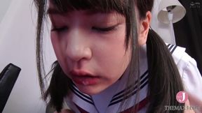 Amazing Asian cutie in a collegegirl uniform makes two guys cum with her deepthroat cock-sucking!