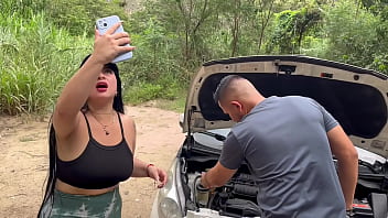 Curvy Colombian babe gets her car damaged and asks for help from a stranger who convinces her to fuck outdoors and swallow his cum! Antonella Jones