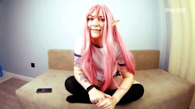 Pink-haired cosplay girl in thigh-high socks teases with twerking before exposing herself in JOI session