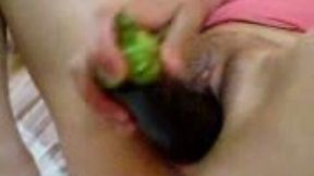 Turkish girlfriend stuffing her pussy with an eggplant