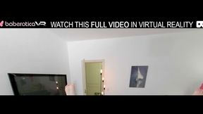 Solo blonde skinny girl Milka Way plays with a pink sex toy on the sofa in VR.