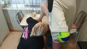 in the afternoon, I fuck my neighbor in the mouth in the kitchen and cum