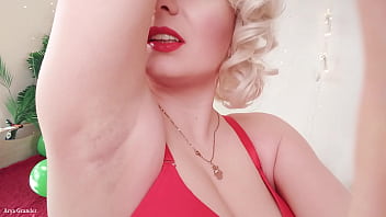 Female Domination Video: Mistress in red lingerie teasing by sweaty armpits (Arya Grander)