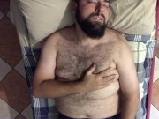 Big very hairy Italian bearded bear horny moaning wanking on the bed. Orgasm face Beautiful Agony