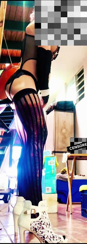 Sexy Transgender Black Stocking Riding Anal Dildo at the Wall