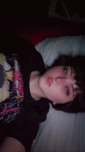 Slim emo teen with big tits lies down for solo fun