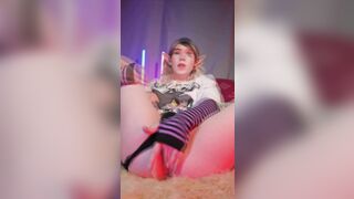 Cute elf femboy teases tight ass with fingers close-up (mobile)