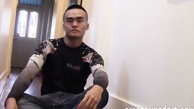 Asian jock teases with his body and jerks off in the shower