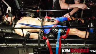 Master dominates jock in gas mask with cock pump and fisting