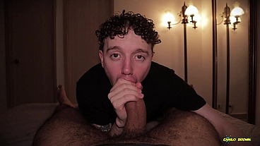 POV Twink Blowjob Cum Eating Nico Mucci Sucking Sweaty Daddy Camilo Brown's Big Uncut Cock