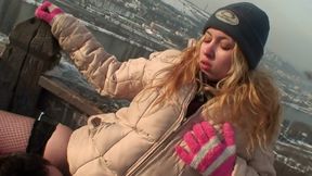 Blonde slut wearing fisnet stockings getting banged in snow outdoors