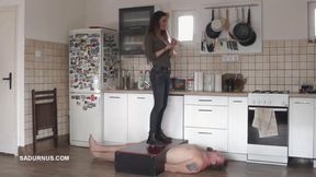 Mistress Tatjana puts out his cigarette on the slave's sperm B mp4