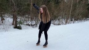 Platform on snow, wooden shoes walking on snow, girl walking on snow, high heels on snow