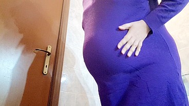 Pregnant in Tight Purple Dress: Bathroom Belly Ache & Restless Stomach