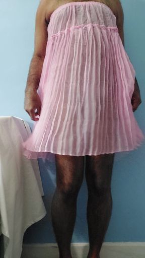 It feels so horny when masterbating in this silk seethrough fleard pleated chiffon pink skirt