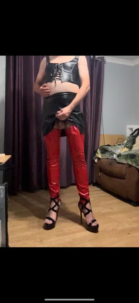 Maninboots red and black pvc outfit with cock ring buttplug and cum