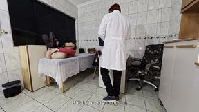 anal exam involving the insertion of a plug and anal sex to retain semen inside.