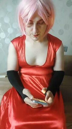 Natural Tits Feminine Boy in Red Dress