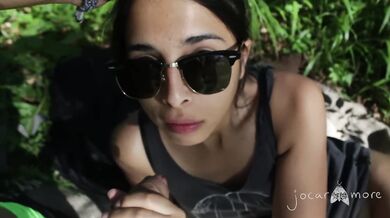 Forest fun gives big dick deep throat and cum in mouth