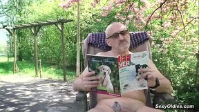 Teen neighbor teasing old man for outdoor sex in his backyard