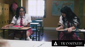 Transfixed by her hot teacher TS Foxxy two naughty students punished well with deepthroat anal and blowjob
