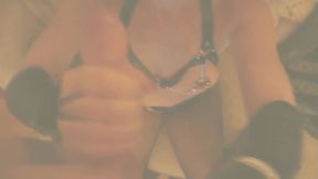 Swemature in a dark hotel corridor, pleasuring herself with a big black dildo, sucking and jerking cock.