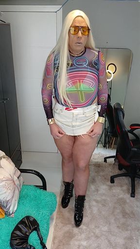 Levi's Mini Skirt and High Cut Bodysuit Showing Tan Lines with Explicit Finish