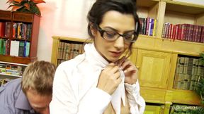 After the lonely book signing event the brunette comforts the writer by having passionate sex